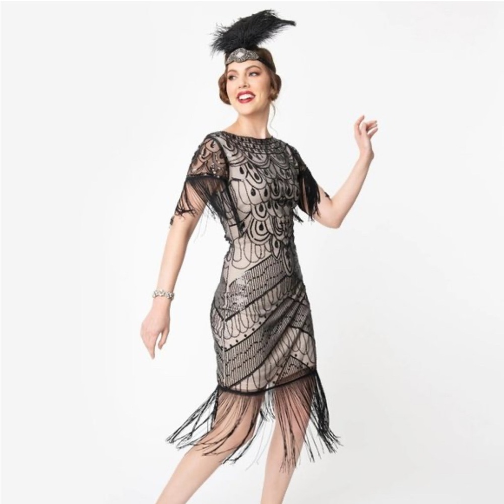 Unique Vintage Black and Tan Fringe Midi Dress